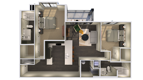 a 3d floor plan of a apartment with a bedroom and a living room